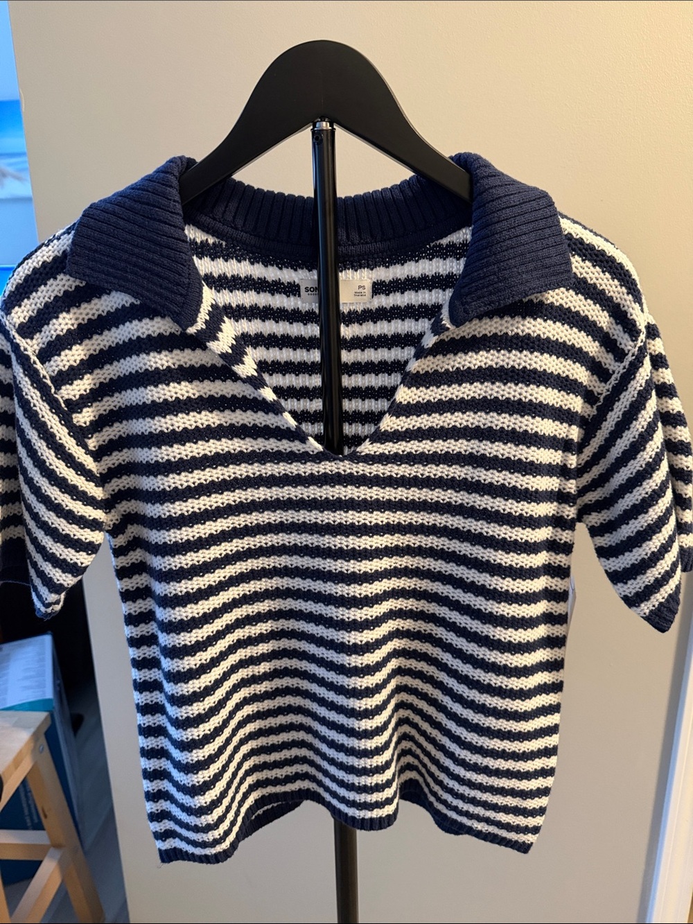 Sonoma Navy and White Striped V-Neck Collared Sweater